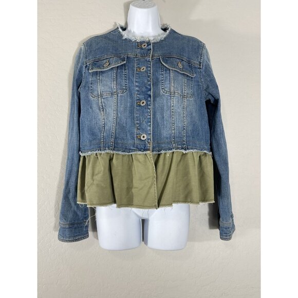 Anthropologie x Pilcro and the Letterpress Green Ruffle Denim Jacket Size Small - Picture 1 of 8